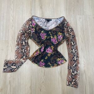 Vintage Y2K La Loop multi-print beaded blouse with mesh sleeves size Medium